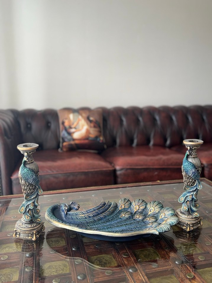 Turkuaz Tavuskuşu Desenli Mumluk ve Tabak Seti - Görsel 5