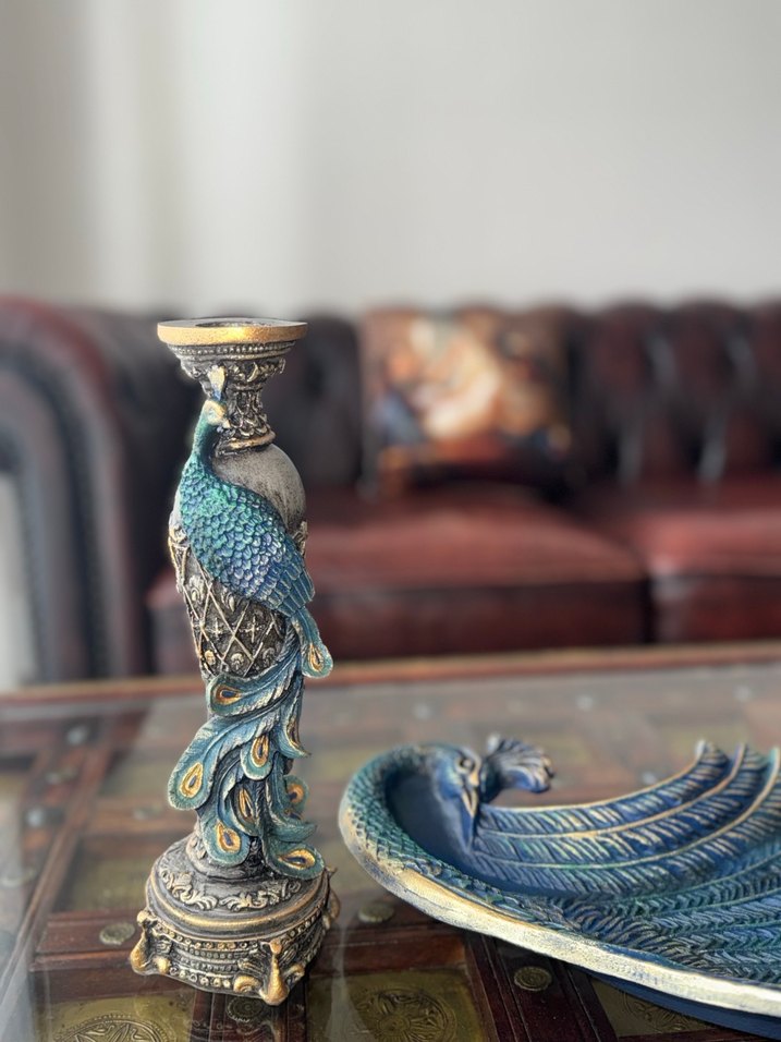 Turkuaz Tavuskuşu Desenli Mumluk ve Tabak Seti - Görsel 3