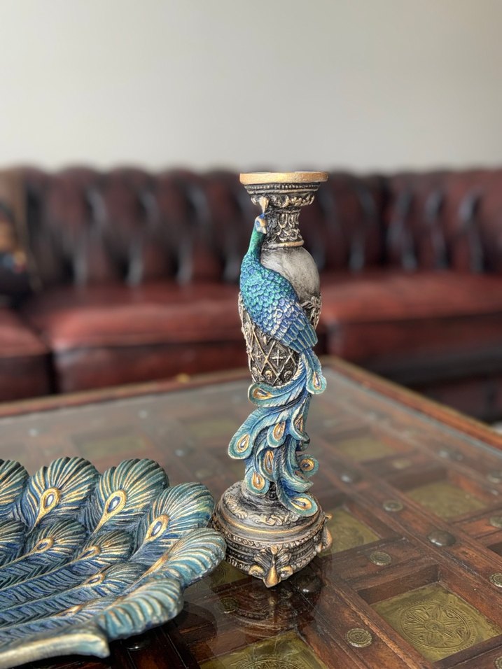 Turkuaz Tavuskuşu Desenli Mumluk ve Tabak Seti - Görsel 4