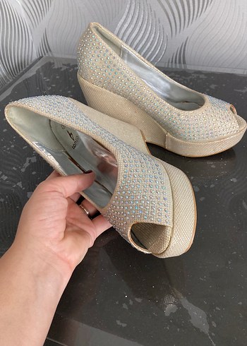 Beyaz Payetli Yüksek Topuklu Kadın Abiye Ayakkabı tanca 37 - Görsel 11