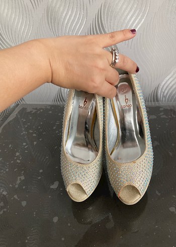 Beyaz Payetli Yüksek Topuklu Kadın Abiye Ayakkabı tanca 37 - Görsel 8