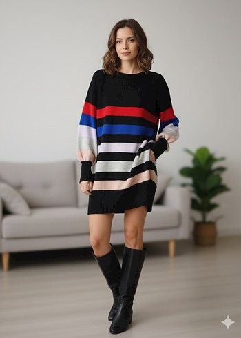 Çizgili Oversize Triko Elbise - Görsel 2