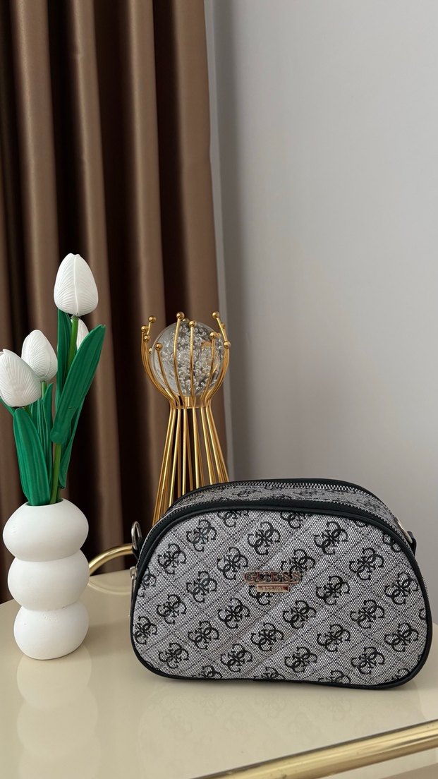 Gri Çiçek Desenli Modern Klasik Makyaj Çantası - Görsel 2