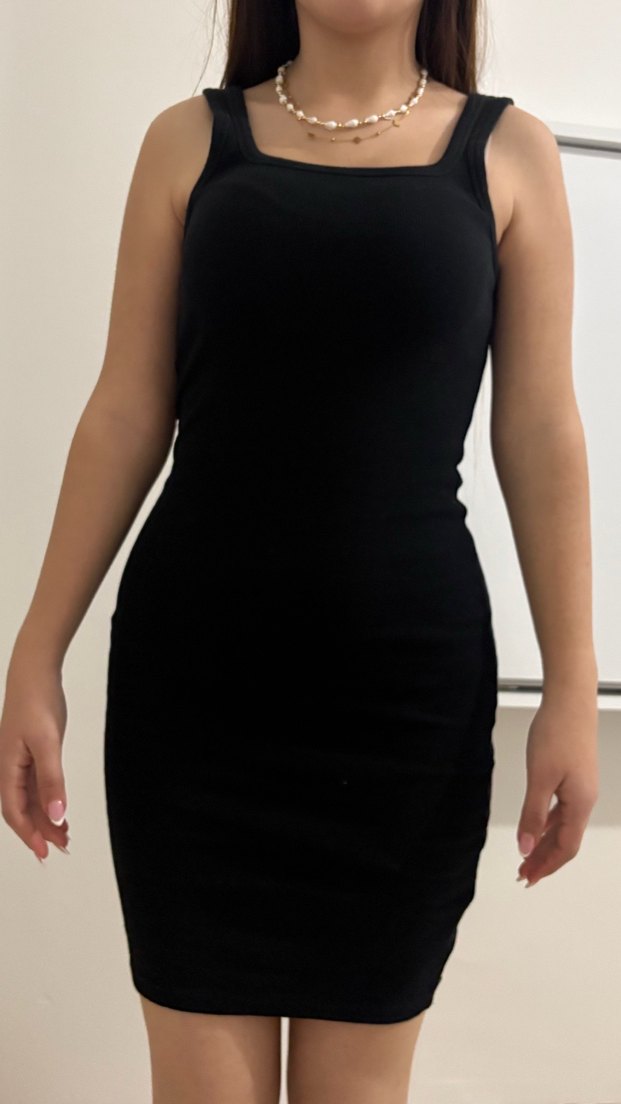 Siyah Kolsuz Midi Düz Kesim Elbise - Görsel 5