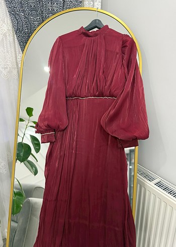 Bordo Uzun Kollu Drapeli Abiye Elbise - Görsel 5