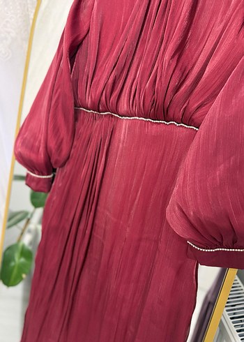 Bordo Uzun Kollu Drapeli Abiye Elbise - Görsel 3
