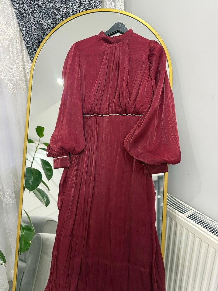 Bordo Uzun Kollu Drapeli Abiye Elbise - Görsel 5