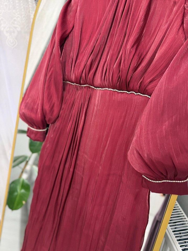 Bordo Uzun Kollu Drapeli Abiye Elbise - Görsel 4