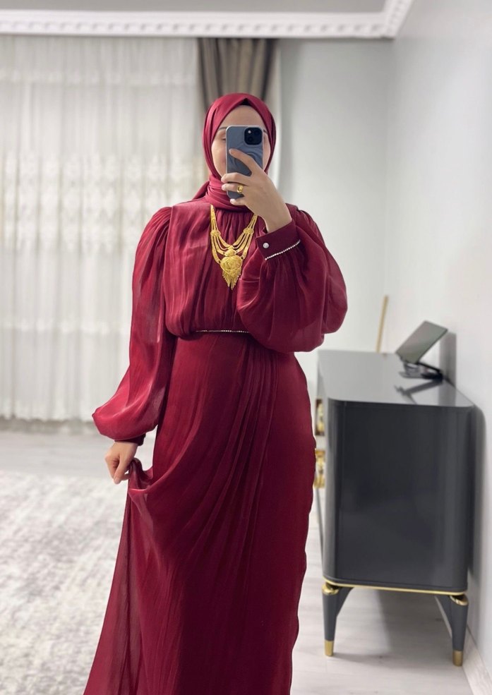 Bordo Uzun Kollu Drapeli Abiye Elbise - Görsel 2