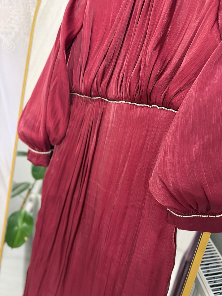 Bordo Uzun Kollu Drapeli Abiye Elbise - Görsel 3