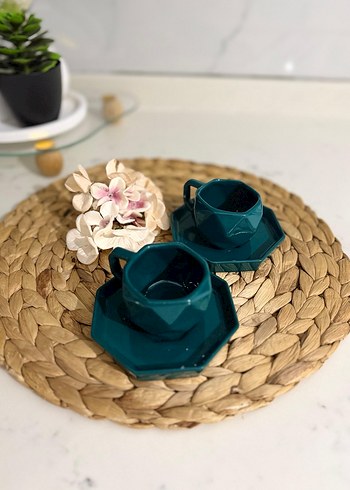 Koyu Turkuaz Altıgen Seramik Fincan Takımı - Görsel 3