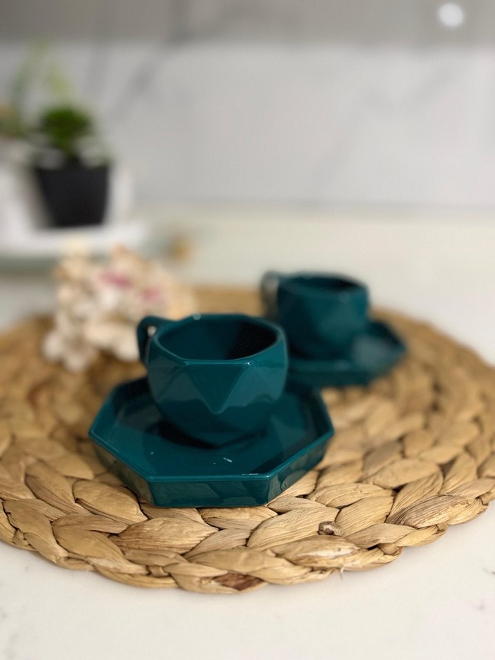 Koyu Turkuaz Altıgen Seramik Fincan Takımı - Görsel 2