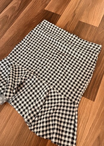 s Beden Fırfırlı Ekose Mini Etek/Pijama Şort SET