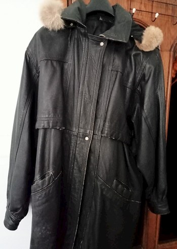 Kürklü Siyah Uzun Hakiki Deri Ceket - Görsel 2