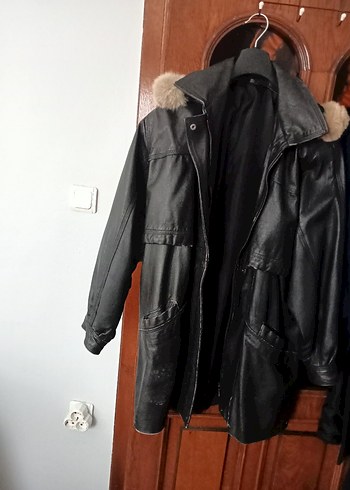 Kürklü Siyah Uzun Hakiki Deri Ceket - Görsel 3