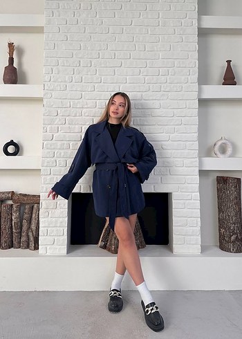 Lacivert Denim Midi Kadın Trençkot