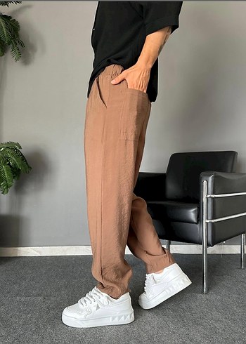 Bej Erkek Keten Rahat Kesim Pantolon - Görsel 3
