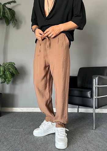 Bej Erkek Keten Rahat Kesim Pantolon - Görsel 5