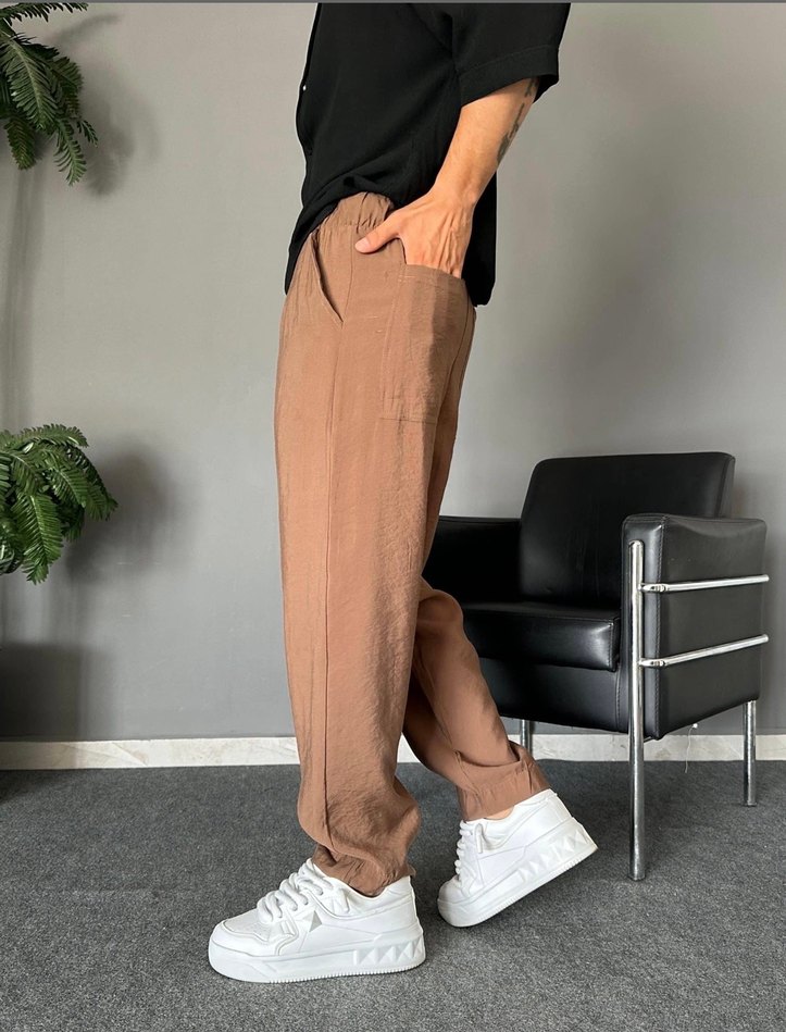 Bej Erkek Keten Rahat Kesim Pantolon - Görsel 3