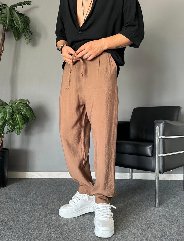 Bej Erkek Keten Rahat Kesim Pantolon - Görsel 5