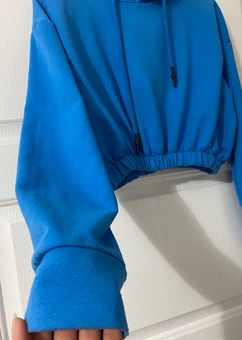s Beden mavi Renk Mavi Kapüşonlu Kısa Kadın Sweatshirt DEFOSUZ