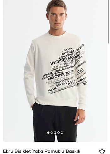 Ekru Bisiklet Yaka Baskılı Erkek Sweatshirt