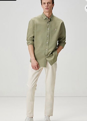 Yeşil ve Bej rengi ile Erkek Düğmeli Uzun Kollu Gömlek - Görsel 2