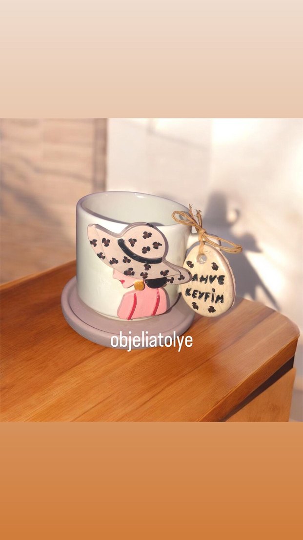 Kahve fincanı set Beyaz Pastel Figürlü Seramik Fincan - Görsel 5