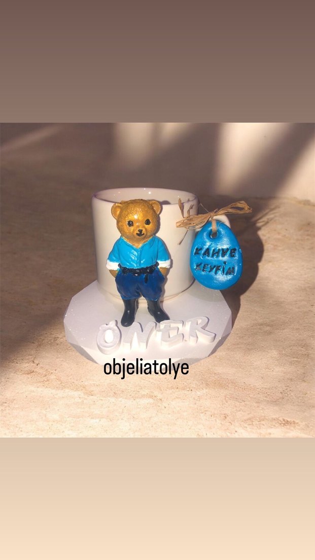 Teddy kupa fincan Mavi Ayıcık Figürlü Bardak ve Etiket - Görsel 2