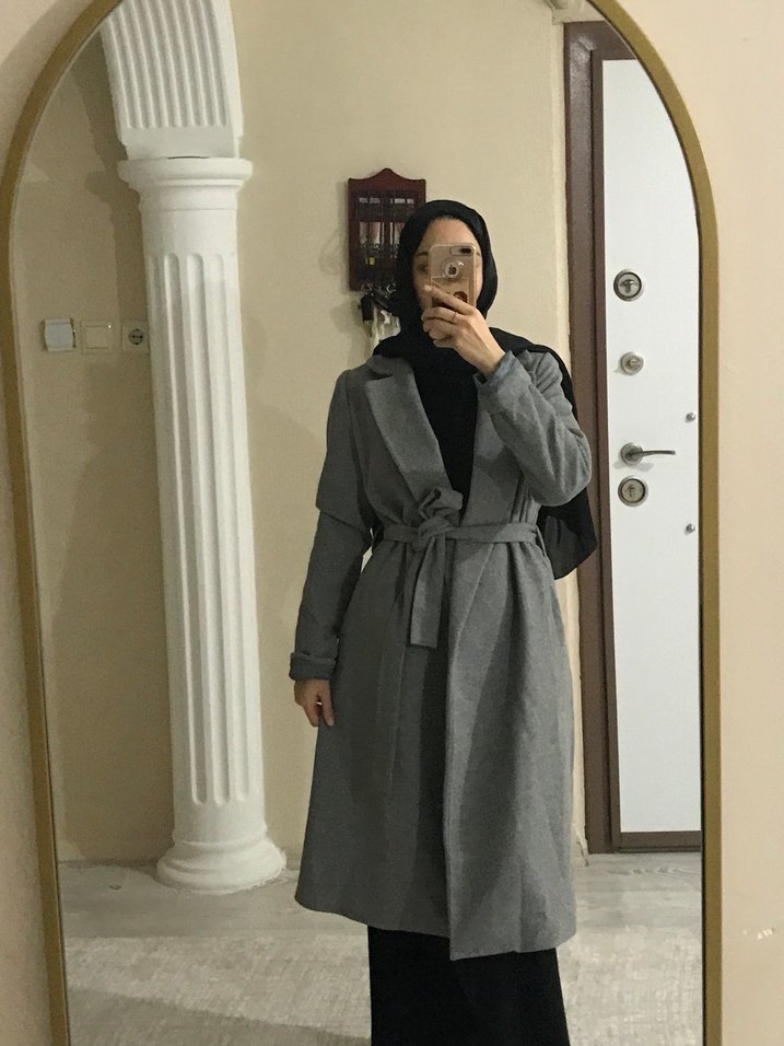 Gri Midi Yün Kadın Kaban - Görsel 4