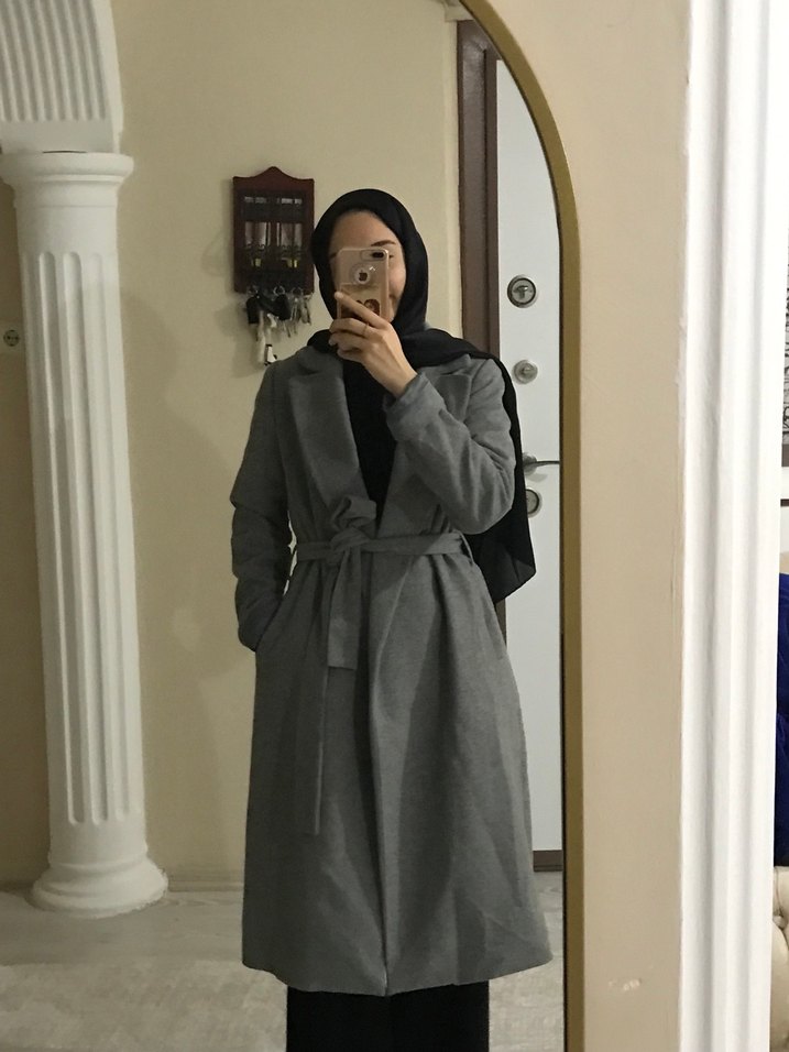 Gri Midi Yün Kadın Kaban - Görsel 2