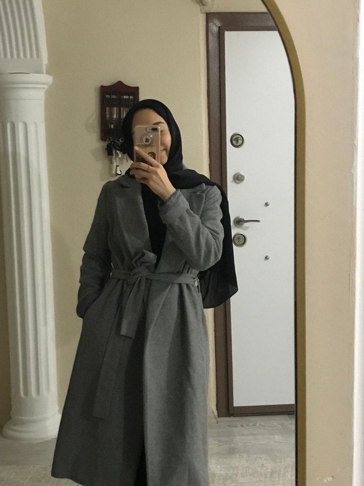 Gri Midi Yün Kadın Kaban - Görsel 3