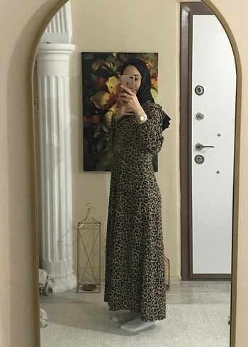 Kahverengi Leopar Desenli Uzun Salaş Elbise - Görsel 3