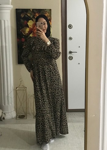 Kahverengi Leopar Desenli Uzun Salaş Elbise - Görsel 2