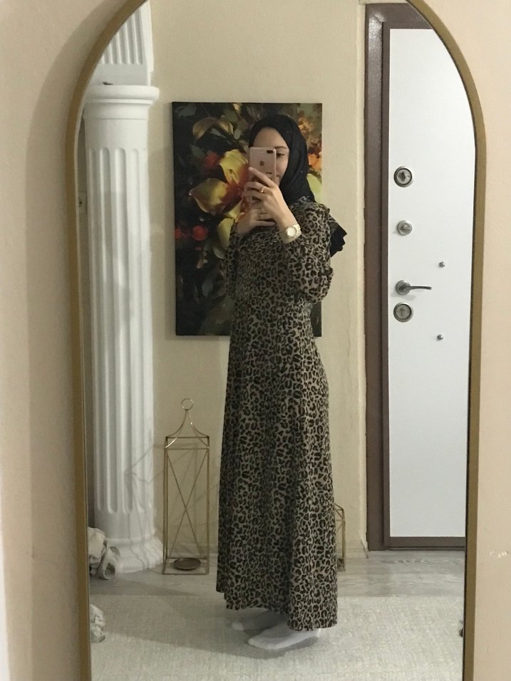 Kahverengi Leopar Desenli Uzun Salaş Elbise - Görsel 3