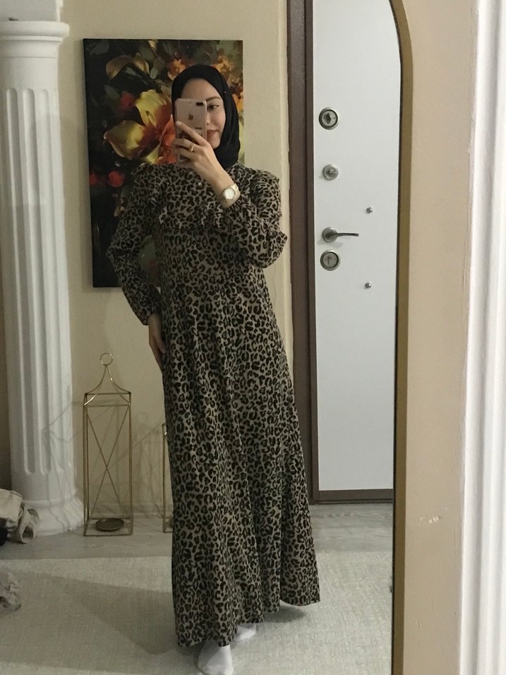 Kahverengi Leopar Desenli Uzun Salaş Elbise - Görsel 2