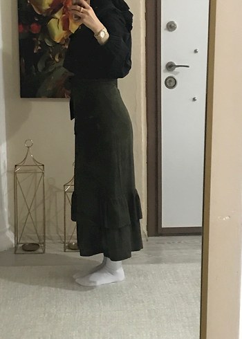 Siyah Fırfırlı Uzun Keten Etek - Görsel 2