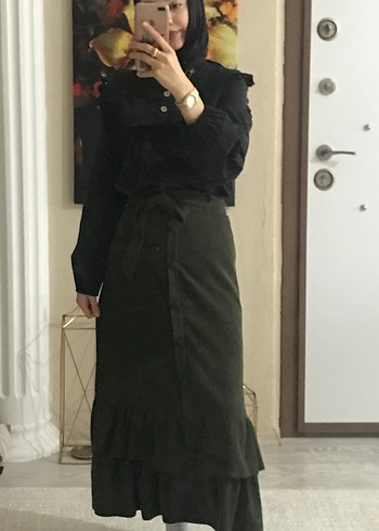 Siyah Fırfırlı Uzun Keten Etek - Görsel 3