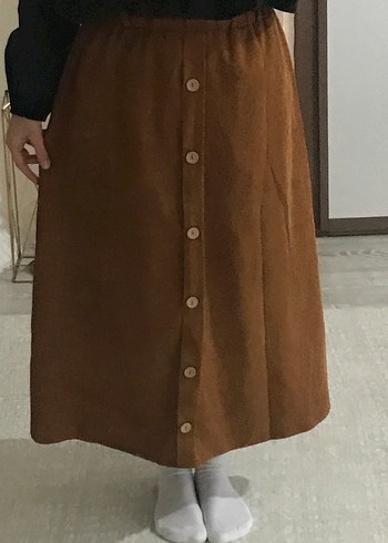 Düğmeli Kahverengi Midi Süet Etek - Görsel 2
