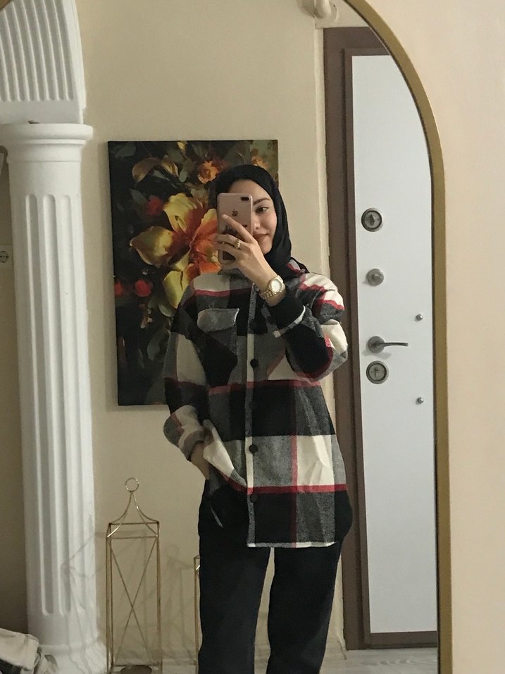 Düğmeli Gri Kareli Midi Kadın Oduncu gömleği - Görsel 2