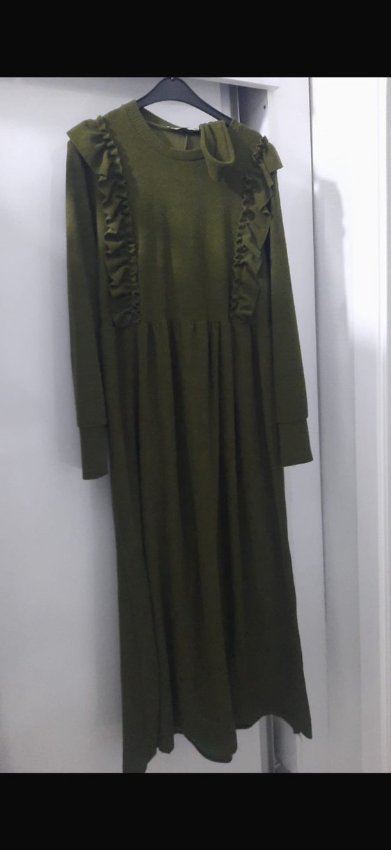 Kadın Haki Uzun Kollu Fırfırlı Elbise - Görsel 2