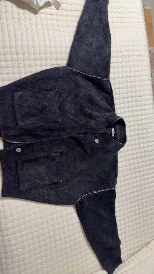 Düğmeli siyah deri detaylı angora iplik kadın triko ceket - Görsel 2