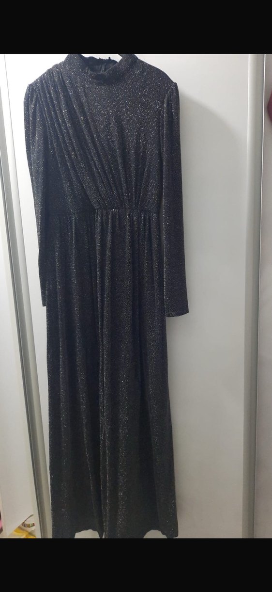 Siyah Uzun Kollu Drapeli Kadın Elbise Abiye - Görsel 2