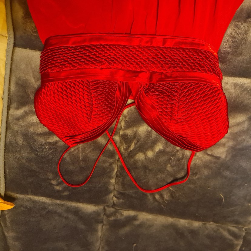 Kırmızı ince capraz askili Uzun Abiye Elbise - Görsel 5