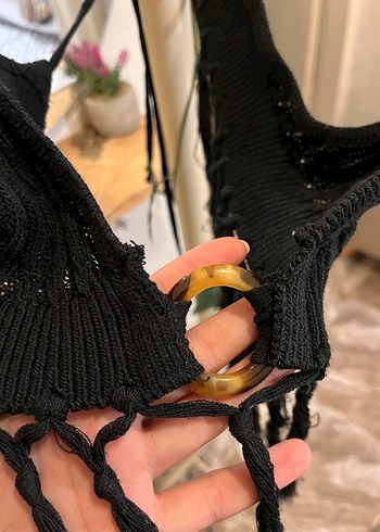 Siyah Püsküllü Örme Strappy Büstiyer - Görsel 4