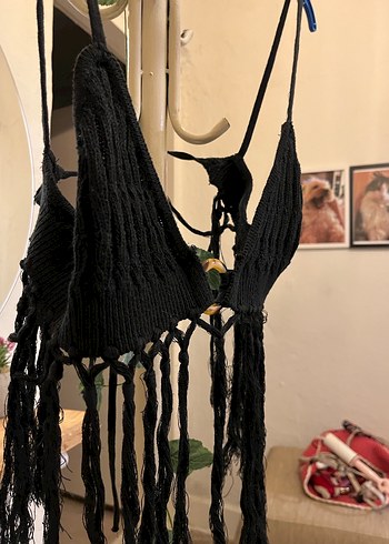 Siyah Püsküllü Örme Strappy Büstiyer - Görsel 3