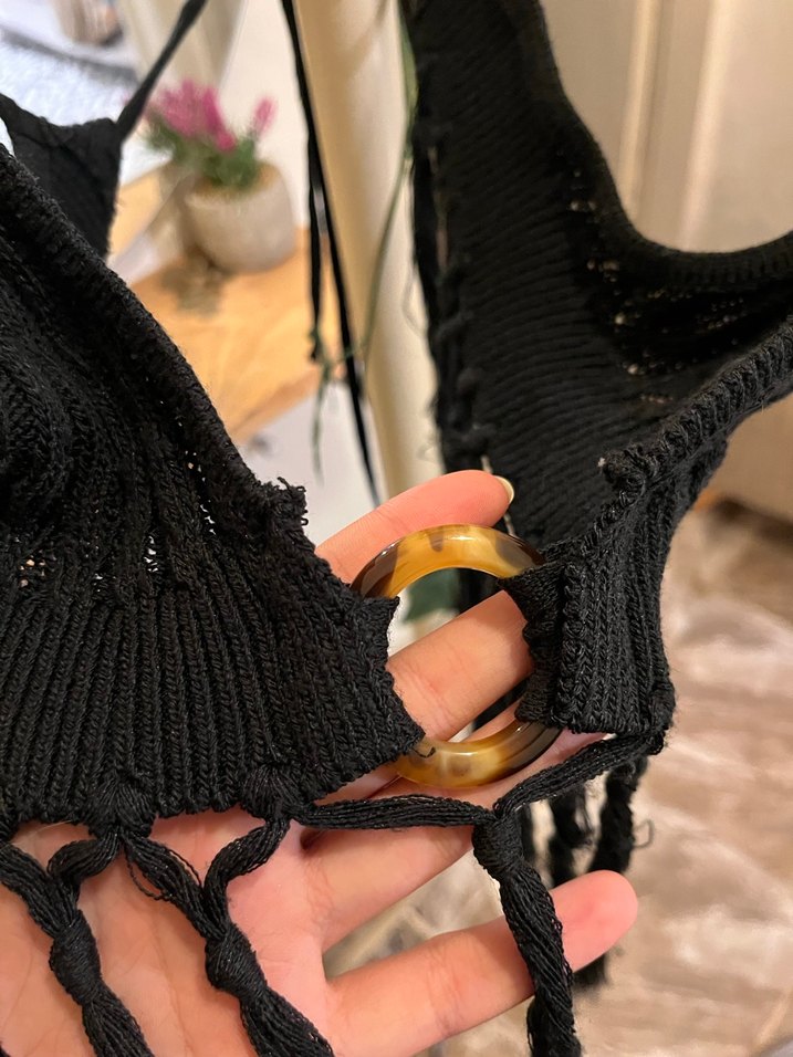 Siyah Püsküllü Örme Strappy Büstiyer - Görsel 4