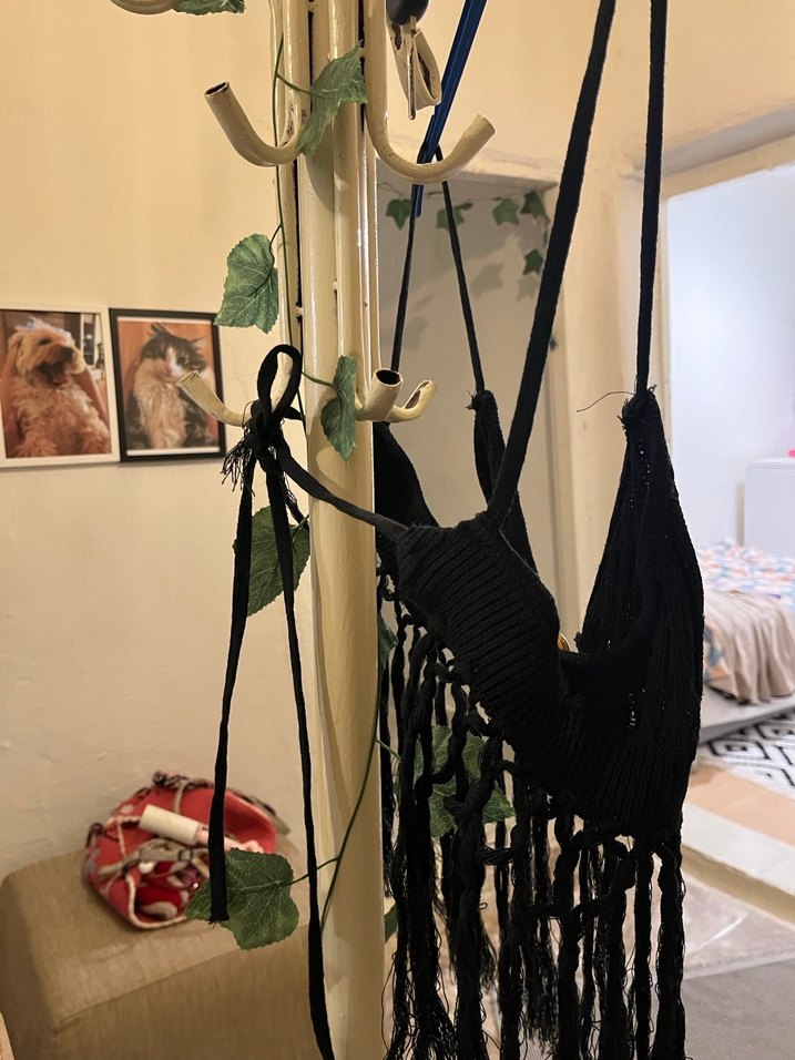 Siyah Püsküllü Örme Strappy Büstiyer - Görsel 2