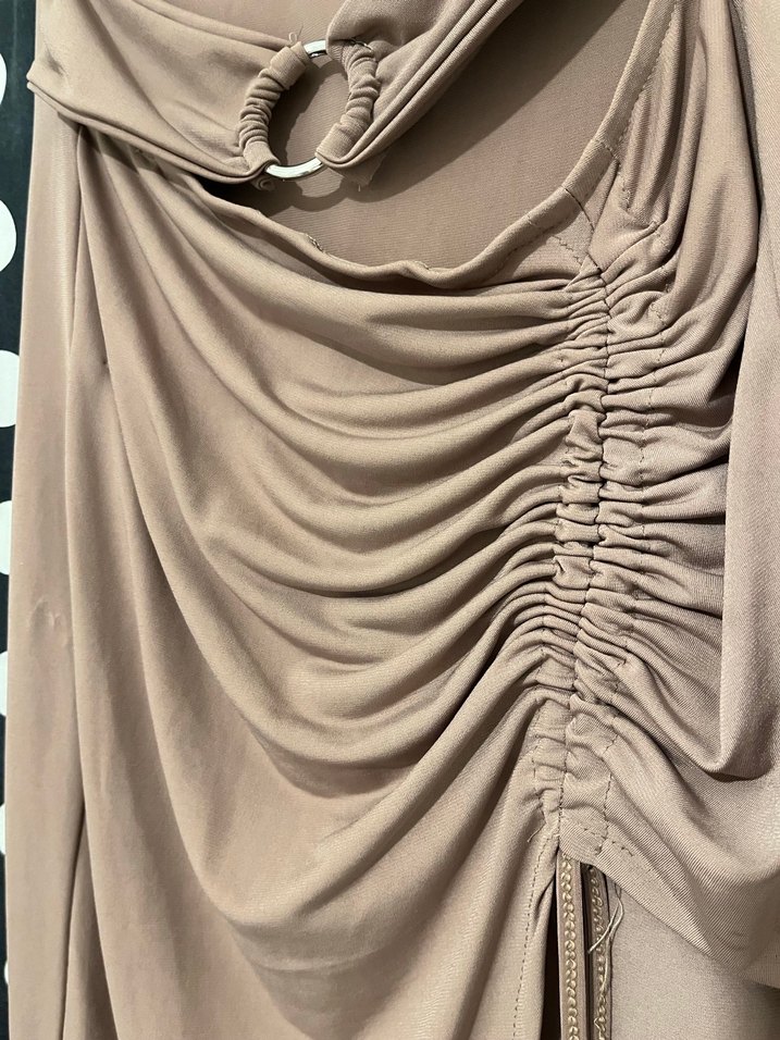 Bej Drapeli Orta Straplez Abiye Elbise - Görsel 2