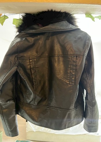 Kürklü Siyah Deri Biker Ceket - Görsel 3